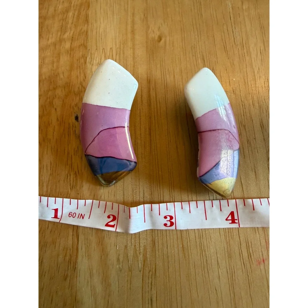Handmade Ceramic Abstract Post Earrings Pink Purple Gold Glazed Statement